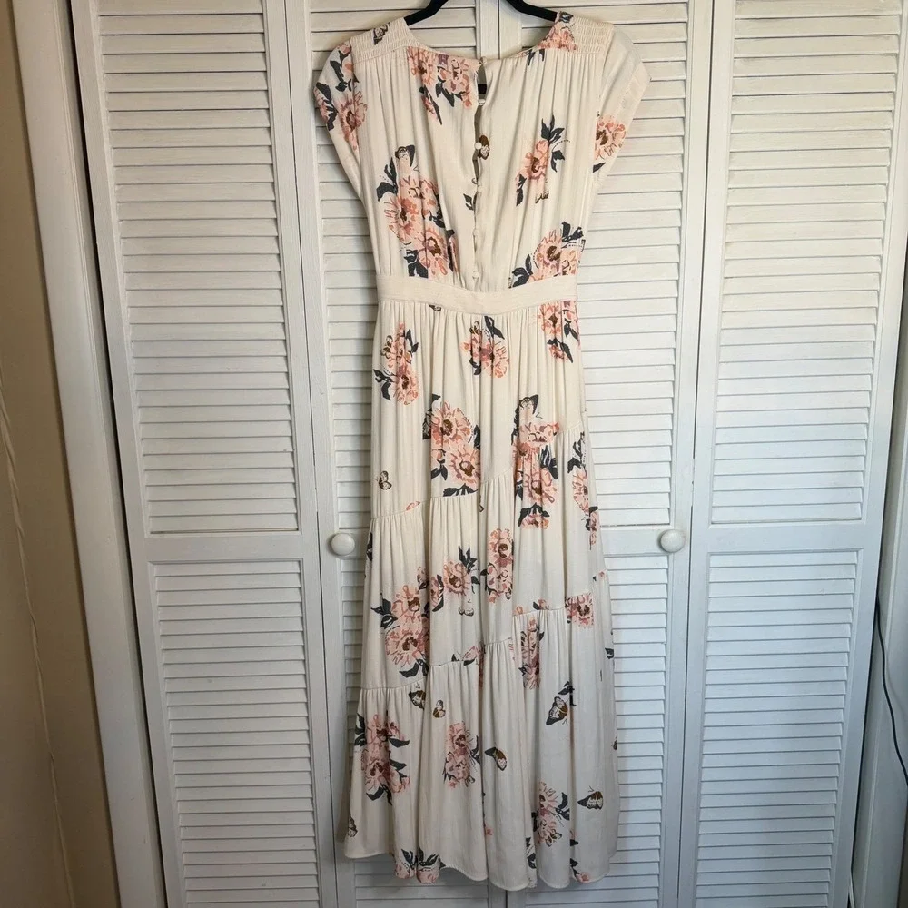 Free People Floral Tiered Maxi Dress Cream Pink Womens 2‎ Cottagecore Feminine